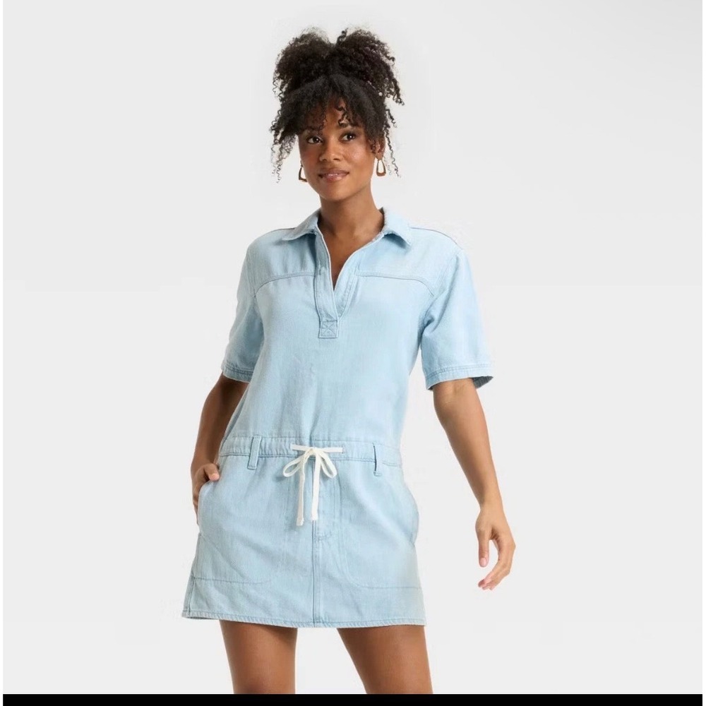 Universal Thread Women Light Wash Denim Mini Dress Short Sleeve Drawstring S